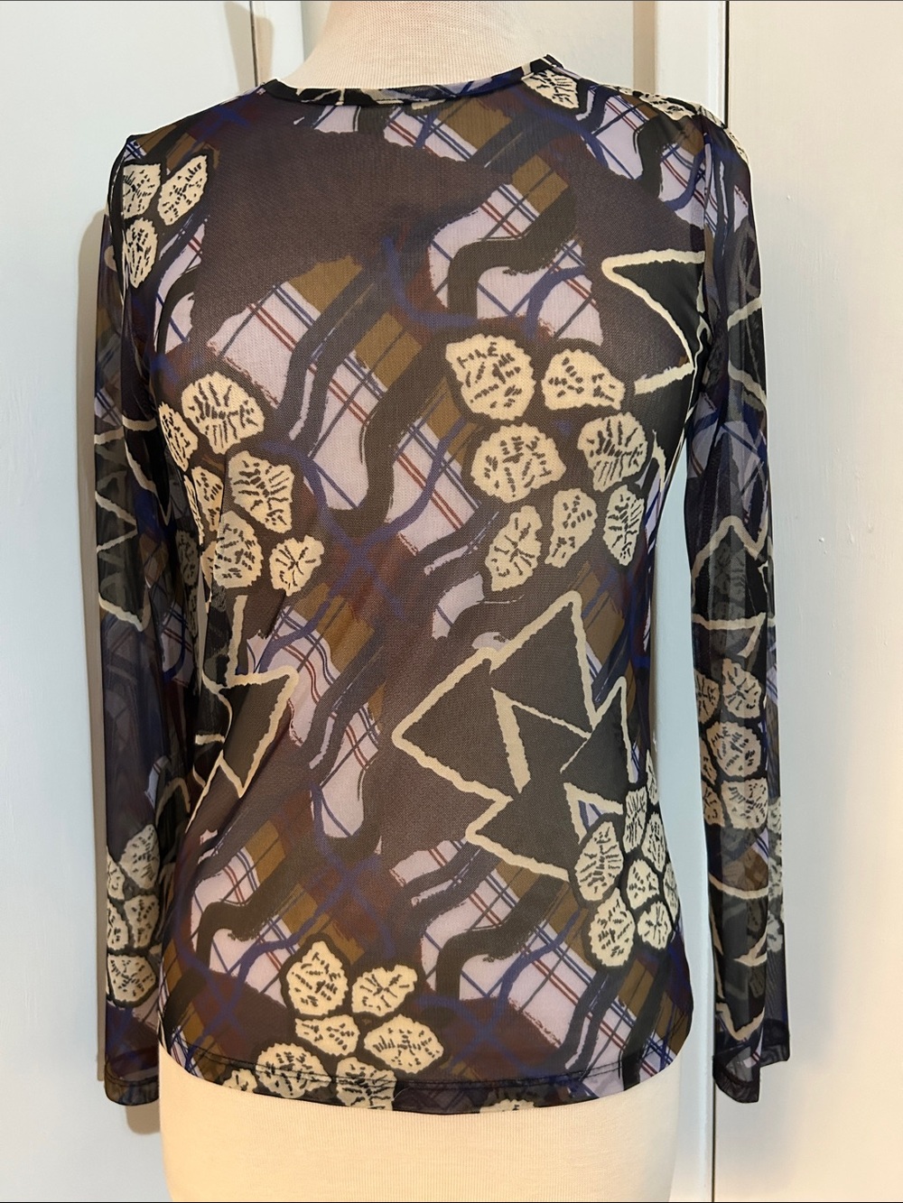 Abstract Floral Sheer Long-Sleeve Top in Black and Cream